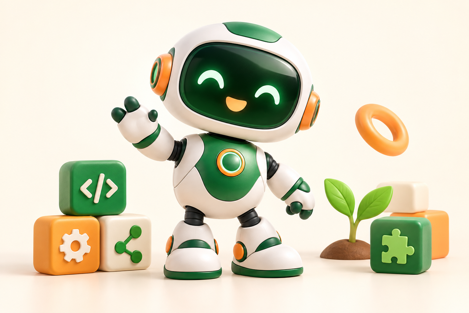Friendly green and white robot with colourful coding blocks